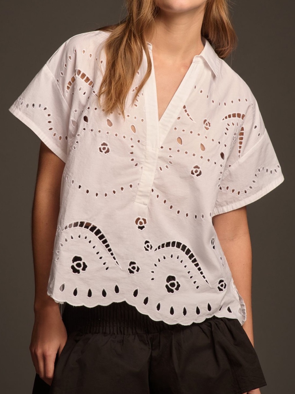 Maeve Anthropologie Short Sleeve Eyelet V Neck Popover Blouse White LARGE NEW